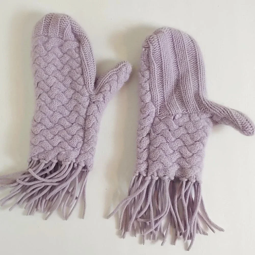 Vintage Cashmere‎ Mittens Gloves Knit Purple Lavender Fringe Boho Scandi Girl